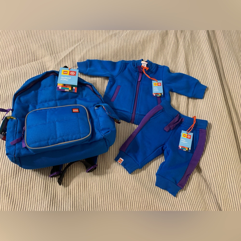 Lego X Target Blue Quilted Puffer Backpack And Matching Newborn Jogger Suit NWT